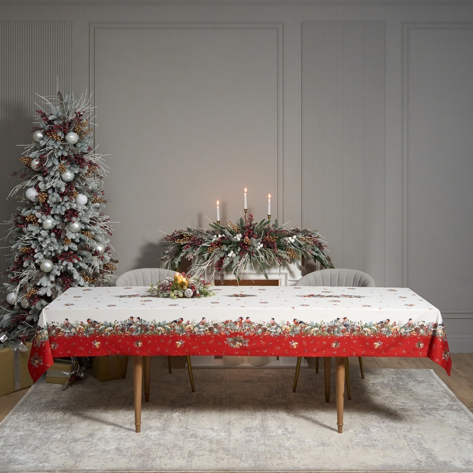 Фото Скатерть морозко.снегири 140х300см ,красный, 100% хлопок,твил пропитка Lefard (850-745-25) - интернет-магазин МегаТерем в Москве