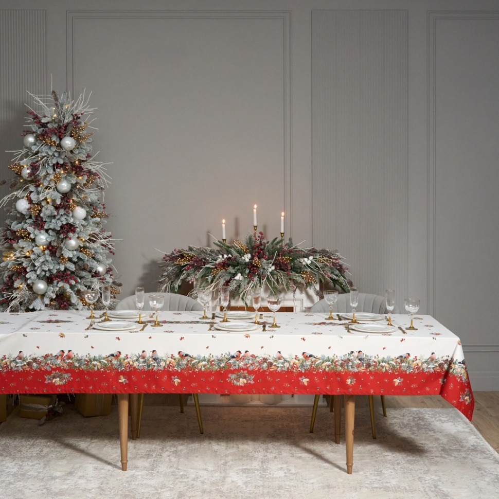 Фото Скатерть морозко.снегири 140х400см ,красный, 100% хлопок,твил пропитка Lefard (850-745-26) - интернет-магазин МегаТерем в Москве