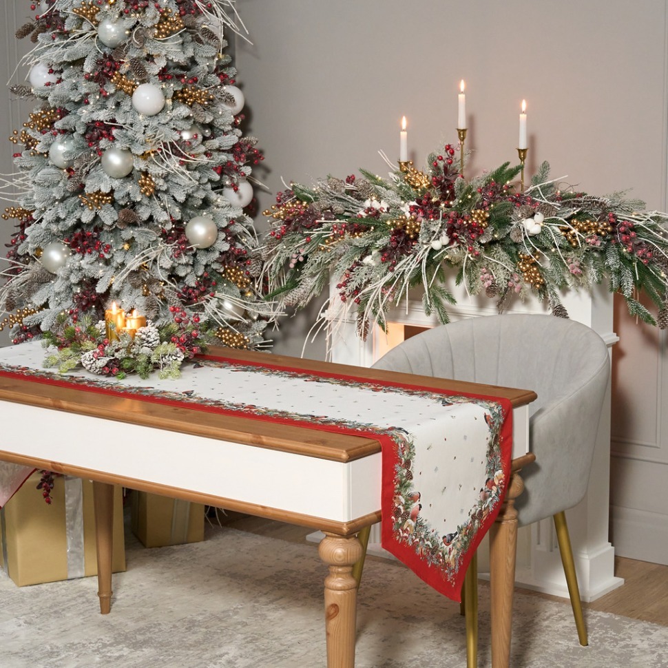 Фото Дорожка морозко.снегири 45х215см ,красный, 100% хлопок,твил пропитка Lefard (850-745-31) - интернет-магазин МегаТерем в Москве