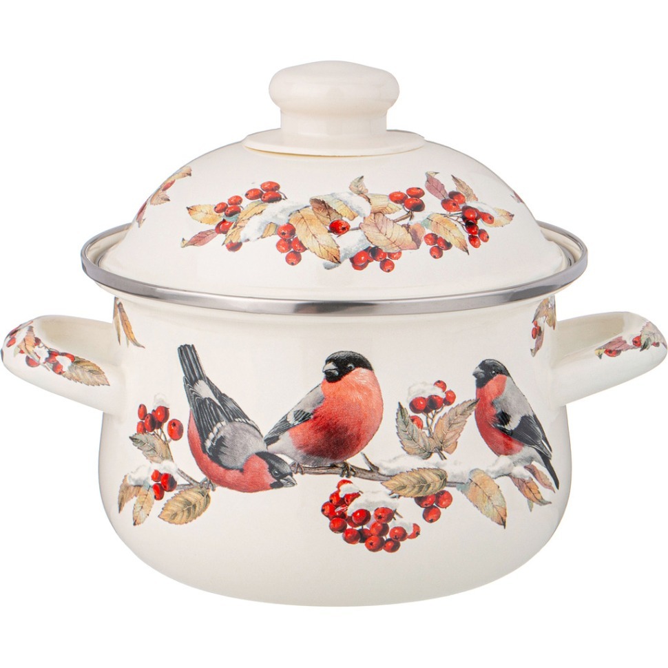 Фото Кастрюля agness эмалированная с эмал.крышкой серия снегири, 1.5 л, 16*10 см (934-730)  - интернет-магазин МегаТерем в Москве