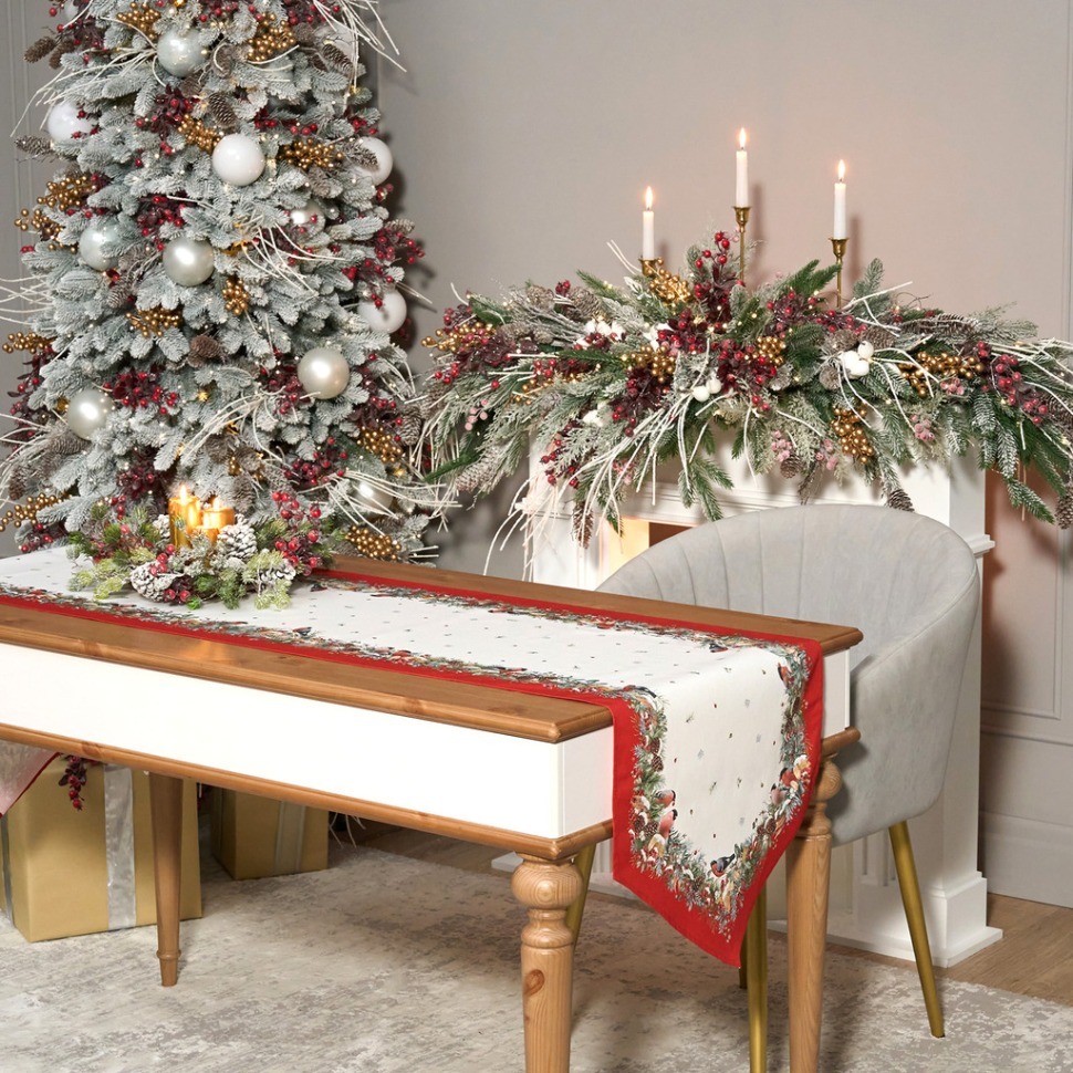 Фото Дорожка морозко.снегири 45х300см ,красный, 100% хлопок,твил пропитка Lefard (850-745-32) - интернет-магазин МегаТерем в Москве