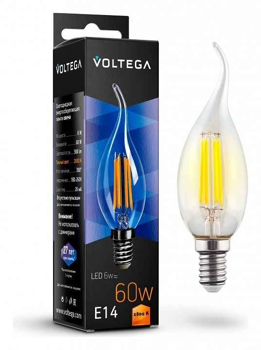 Фото Лампа светодиодная Voltega Candle wind 6W E14 6Вт 2800K 7017 VLG_7017 - интернет-магазин МегаТерем в Москве