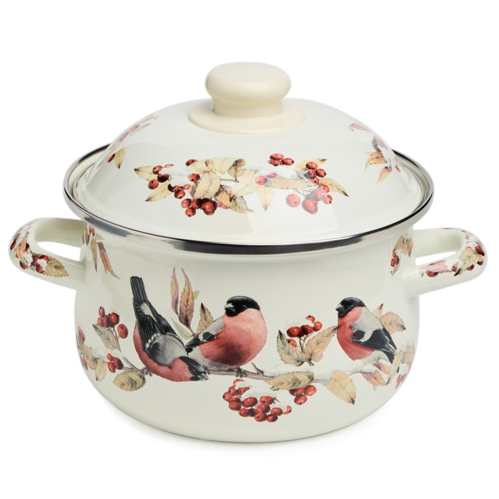 Фото Кастрюля agness эмалированная с эмал.крышкой серия снегири, 2.0 л, 18*11 см (934-746)  - интернет-магазин МегаТерем в Москве