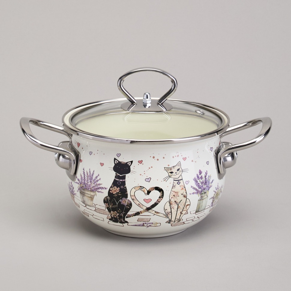 Фото Кастрюля agness эмалированная со стеклянной крышкой серия lavender cats, 1,5 л диа. 16см (943-075)  - интернет-магазин МегаТерем в Москве