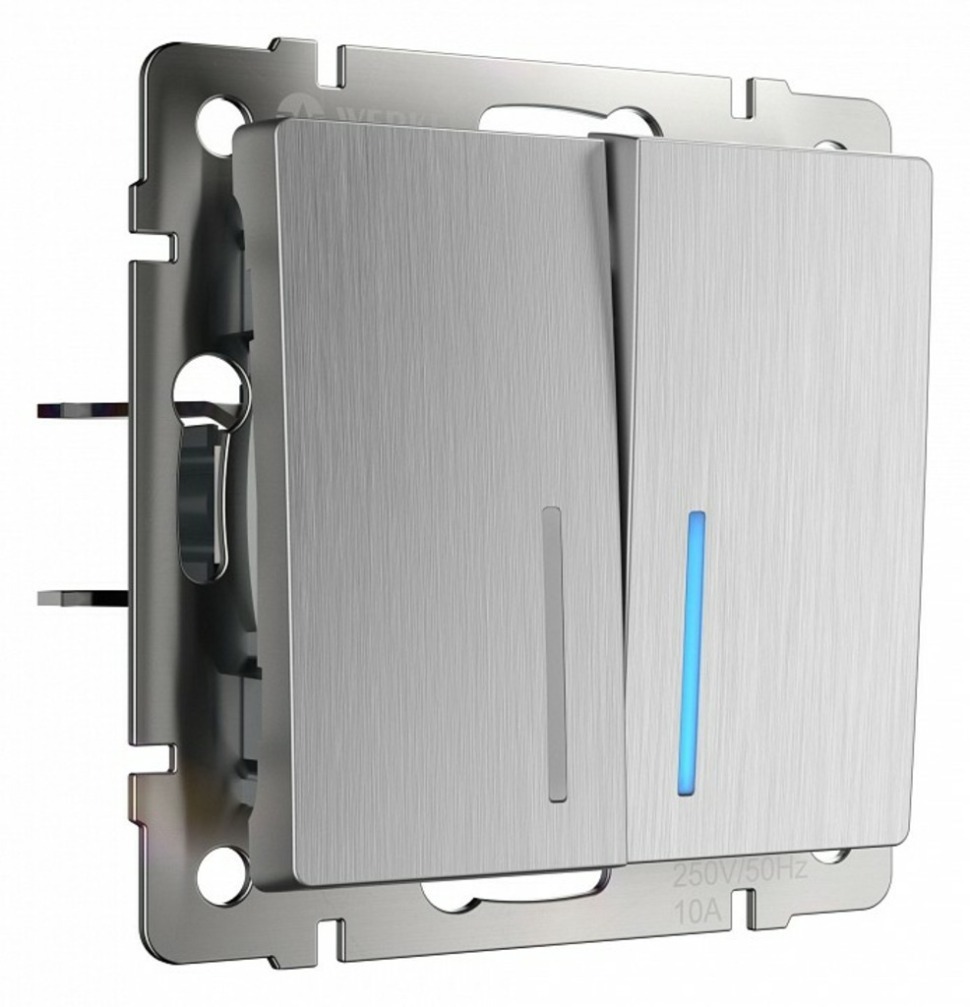 Фото Выключатель проходной двухклавишный с подсветкой без рамки Werkel cеребряный рифленый W1122109 WRK_a051369 - интернет-магазин МегаТерем в Москве