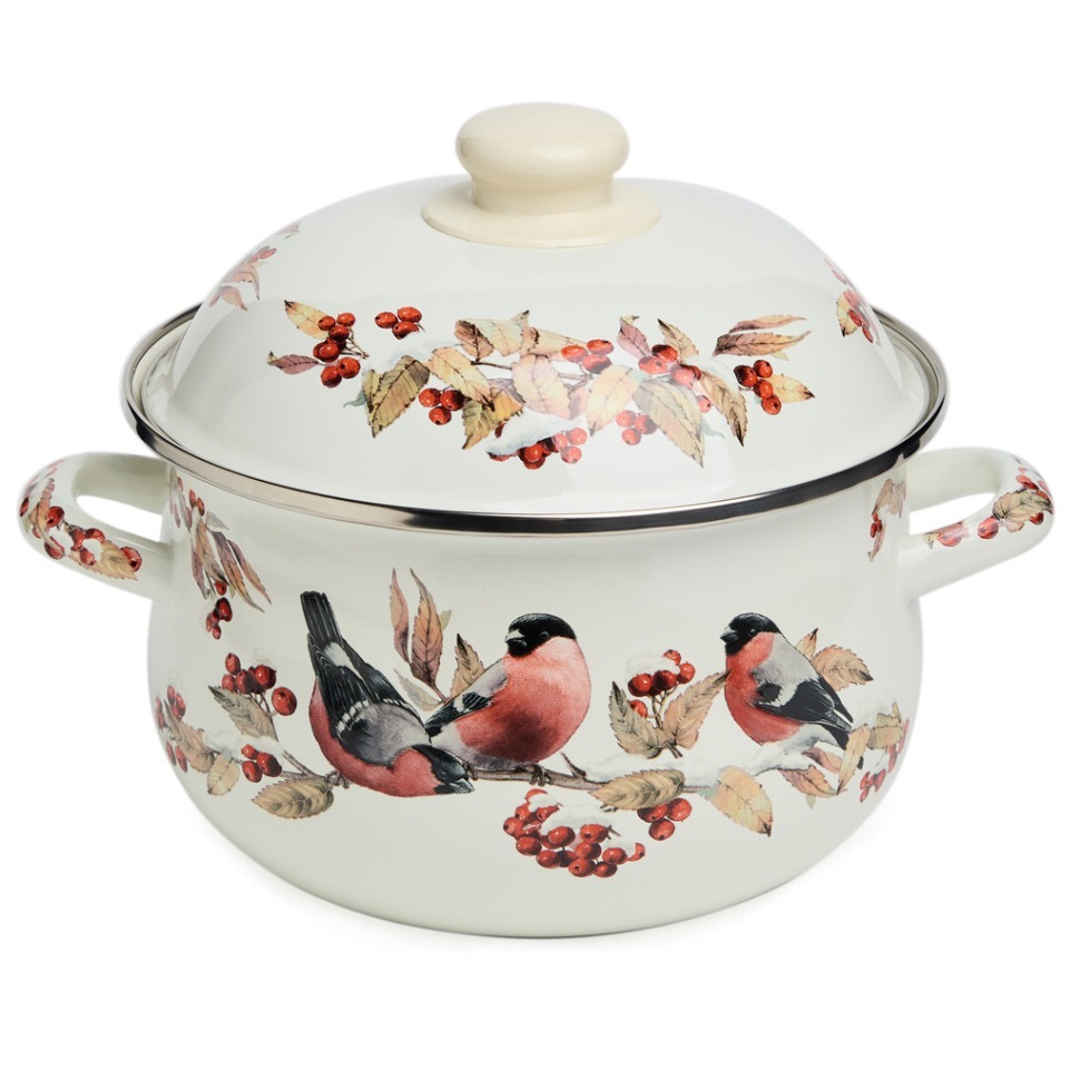 Фото Кастрюля agness эмалированная с эмал.крышкой серия снегири, 2.8 л, 20*12 см (934-747)  - интернет-магазин МегаТерем в Москве