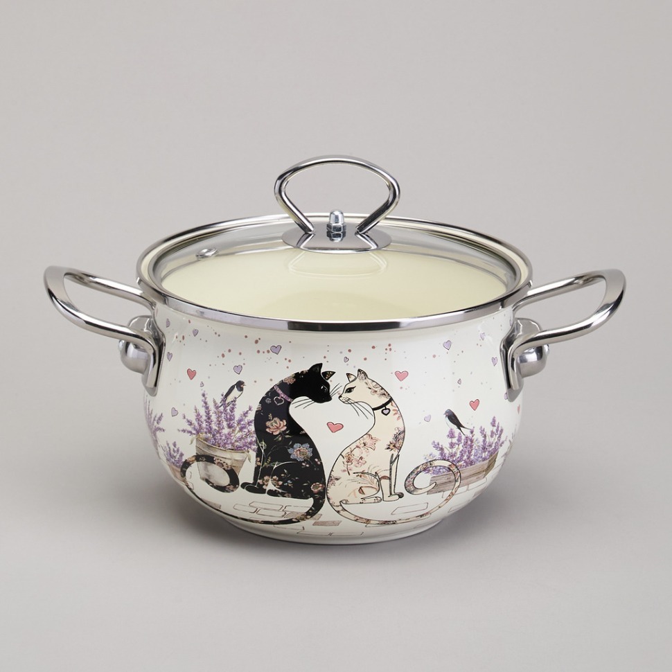 Фото Кастрюля agness эмалированная со стеклянной крышкой серия lavender cats, 2,0 л диа. 18см (943-076)  - интернет-магазин МегаТерем в Москве
