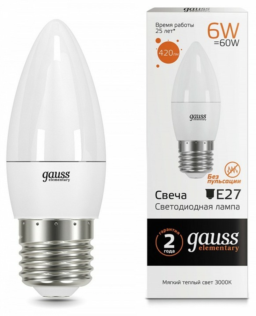 Фото Лампа светодиодная Gauss Led Elementary Candle E27 6Вт 3000K 33216 GA_33216 - интернет-магазин МегаТерем в Москве
