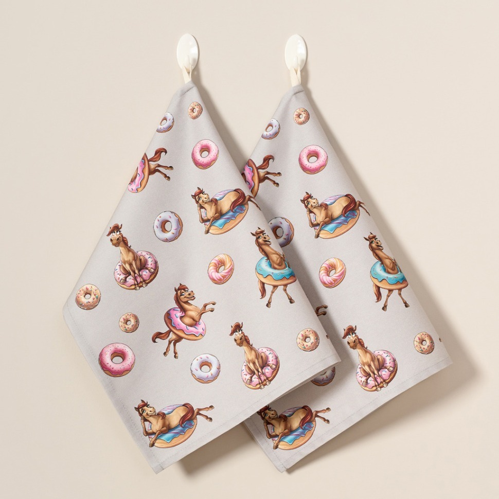 Фото Набор полотенец из 2шт лошадь в пончиках,серый,40х60см твил,100% хлопок Lefard (850-756-6) - интернет-магазин МегаТерем в Москве