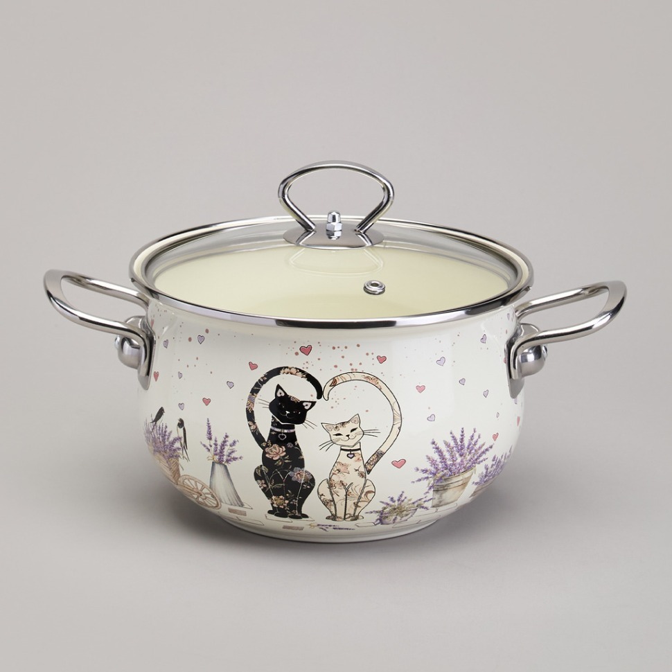 Фото Кастрюля agness эмалированная со стеклянной крышкой серия lavender cats, 2,8 л диа. 20см (943-077)  - интернет-магазин МегаТерем в Москве
