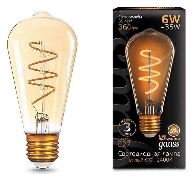 Фото Лампа светодиодная Gauss LED Filament Flexible E27 6Вт 2400K 157802006 GA_157802006 - интернет-магазин МегаТерем в Москве