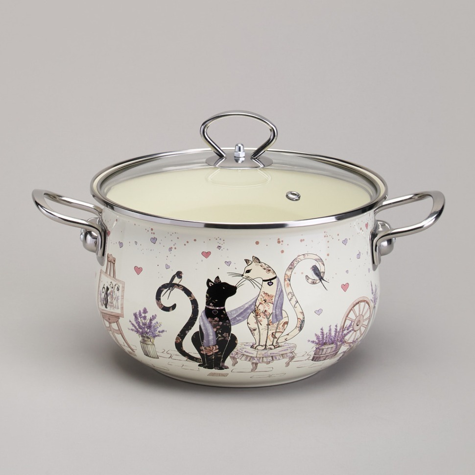 Фото Кастрюля agness эмалированная со стеклянной крышкой серия lavender cats, 3,8 л диа. 22см (943-078)  - интернет-магазин МегаТерем в Москве