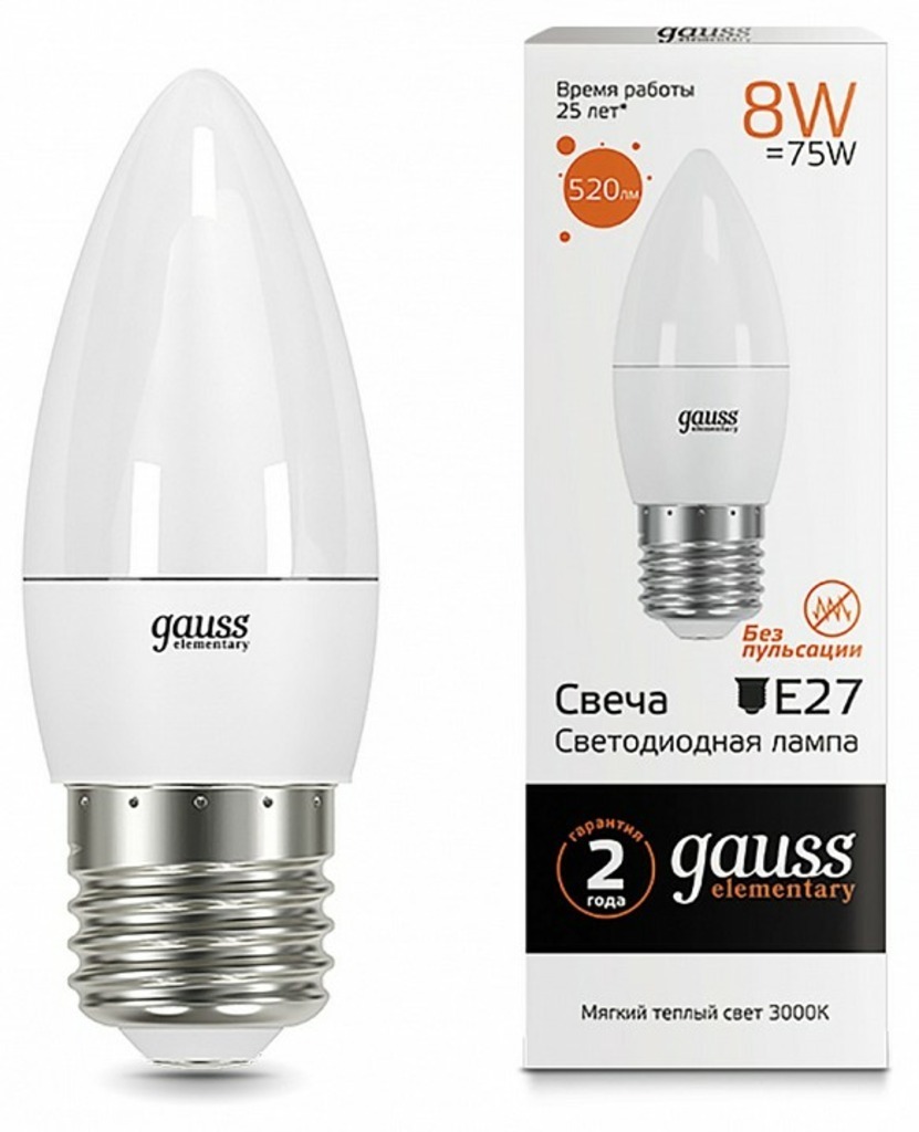 Фото Лампа светодиодная Gauss LED Elementary Candle E27 8Вт 3000K 33218 GA_33218 - интернет-магазин МегаТерем в Москве