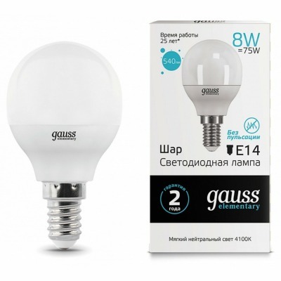 Лампа светодиодная Gauss LED Elementary Globe E14 8Вт 4100K 53128 GA_53128