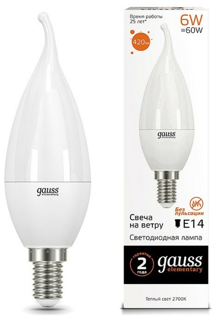 Фото Лампа светодиодная Gauss Led Elementary Candle Tailed E14 6Вт 3000K 34116 GA_34116 - интернет-магазин МегаТерем в Москве