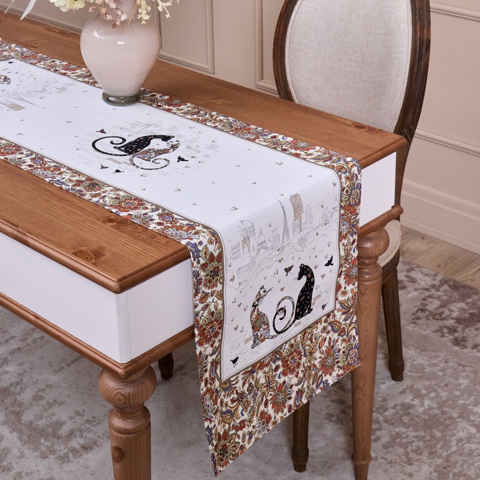 Фото Дорожка парижские коты,40х146см, белый,100% хлопок,твил Lefard (850-746-3) - интернет-магазин МегаТерем в Москве