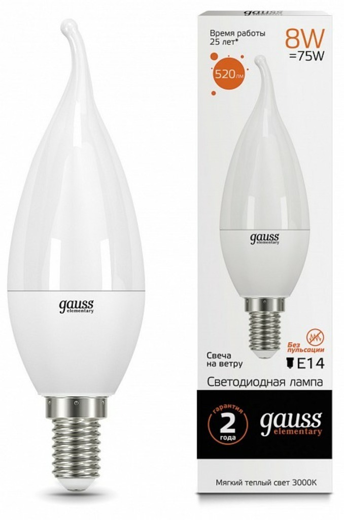 Фото Лампа светодиодная Gauss Led Elementary Candle Tailed E14 8Вт 3000K 34118 GA_34118 - интернет-магазин МегаТерем в Москве