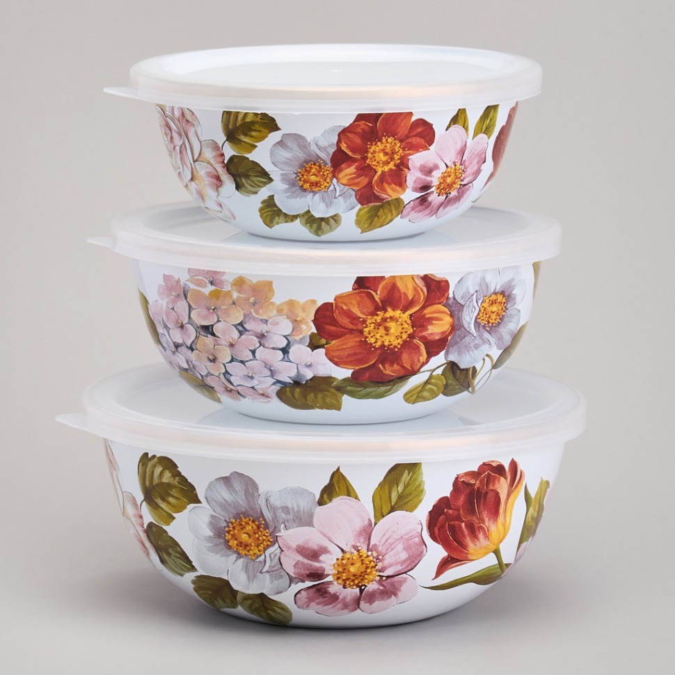 Фото Набор мисок agness эмалированных с пластик.крышками, серия фландрия 6пр 0,6/0,9/1,3л диа. 14/16/18см (950-595)  - интернет-магазин МегаТерем в Москве