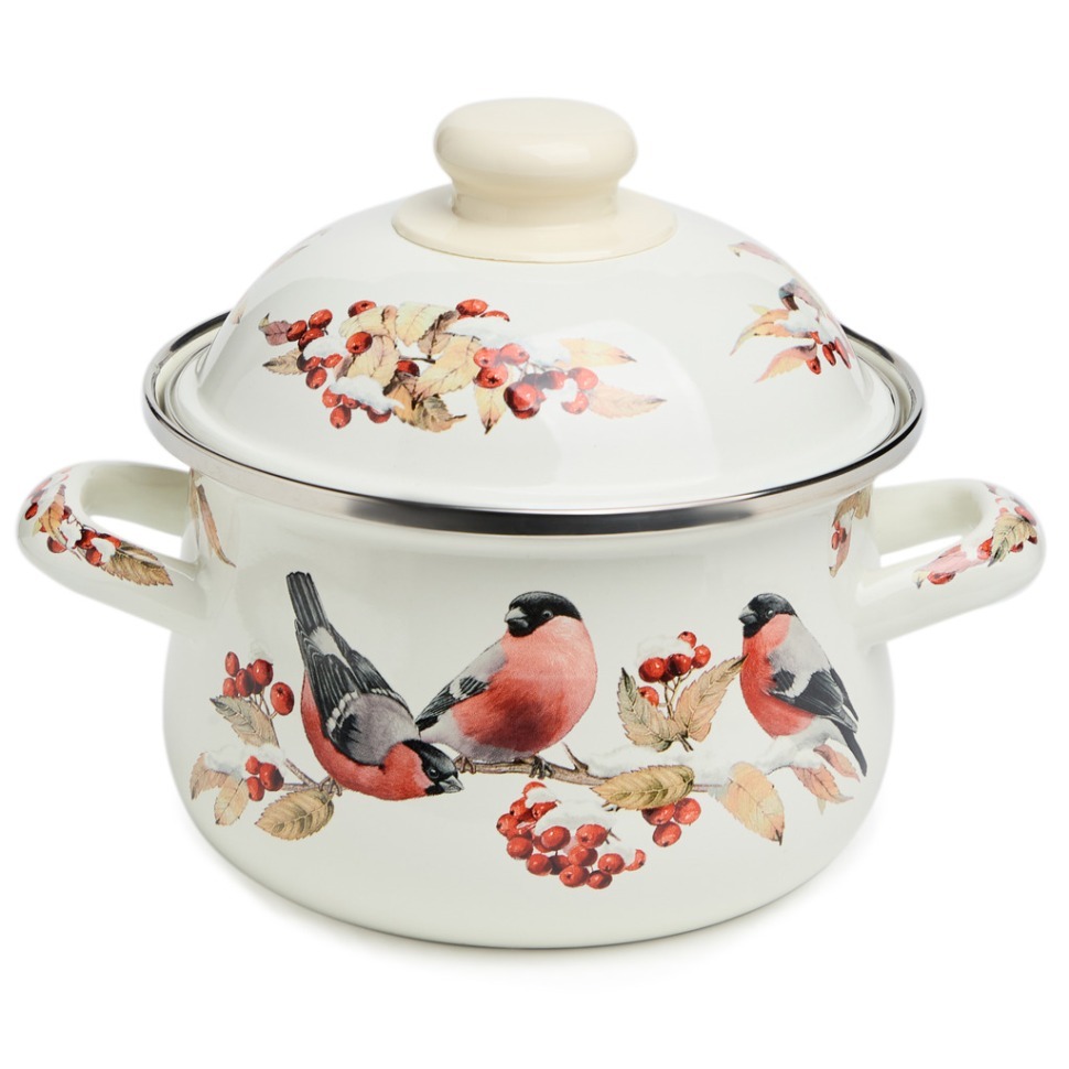 Фото Кастрюля agness эмалированная с эмал.крышкой серия снегири, 1.5 л, 16*10 см (934-745)  - интернет-магазин МегаТерем в Москве