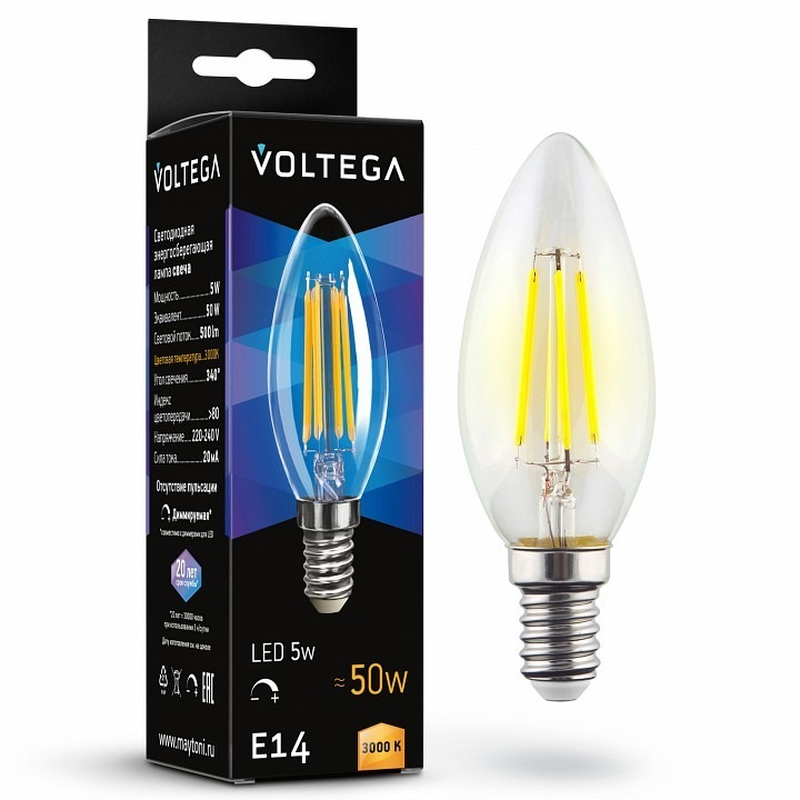 Фото Лампа светодиодная Voltega Candle dim 5W E14 5Вт 3000K 7200 VLG_7200 - интернет-магазин МегаТерем в Москве