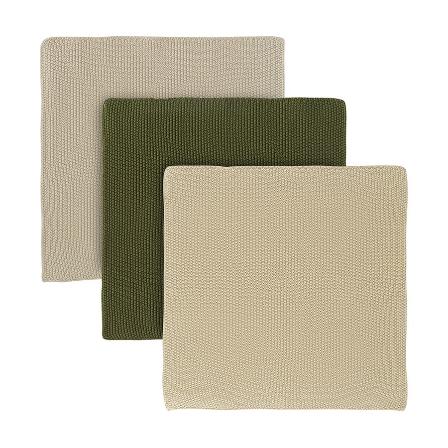 Фото Набор из трех вязаных салфеток для уборки и мытья посуды бежевого и оливкового цветов из коллекции essential, 28х28 см (76779) - интернет-магазин МегаТерем в Москве