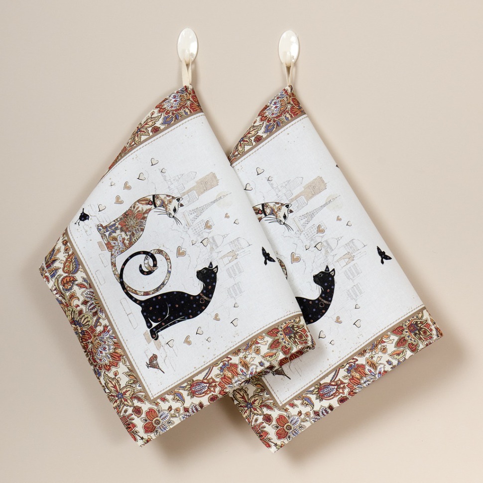 Фото Набор  полотенец из 2-х шт парижские коты 40х60см, 100% хлопок, белый твил Lefard (850-746-63) - интернет-магазин МегаТерем в Москве