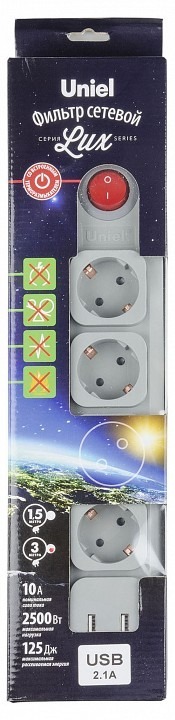 Фото Удлинитель с выключателем Uniel S-Gsl5-3U UL-00001761 UL_UL-00001761 - интернет-магазин МегаТерем в Москве