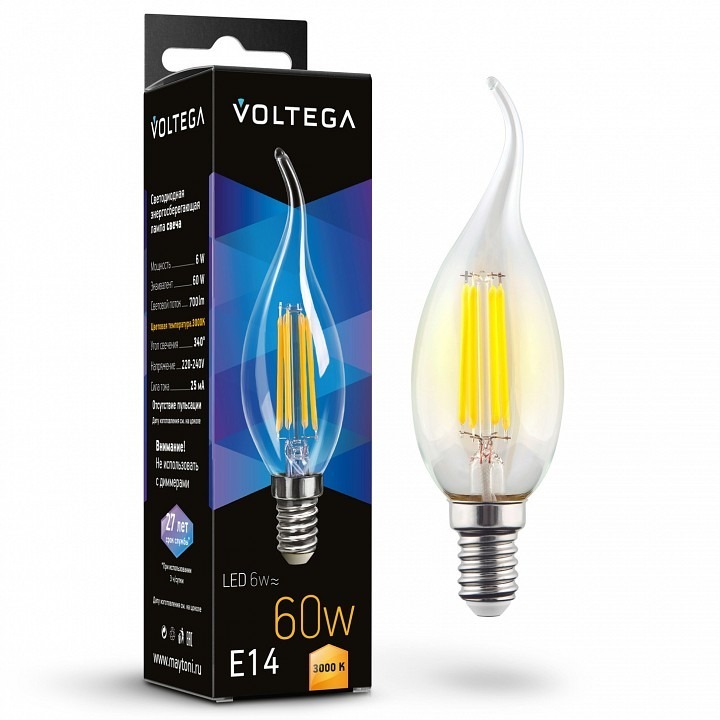 Фото Лампа светодиодная Voltega Candle wind 6W E14 6Вт 3000K 7209 VLG_7209 - интернет-магазин МегаТерем в Москве