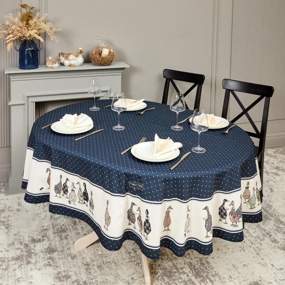 Фото Скатерть овальная family farm 160х220 см ,синий, 100% хлопок, твил, с пропиткой Lefard (850-742-26) - интернет-магазин МегаТерем в Москве