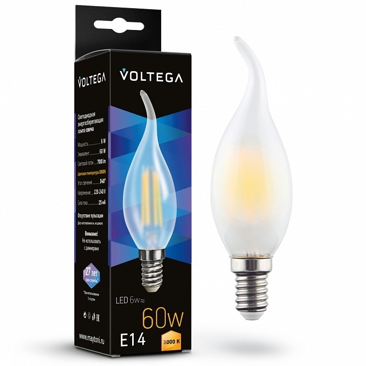 Фото Лампа светодиодная Voltega Candel wind matt 6W E14 6Вт 3000K 7210 VLG_7210 - интернет-магазин МегаТерем в Москве