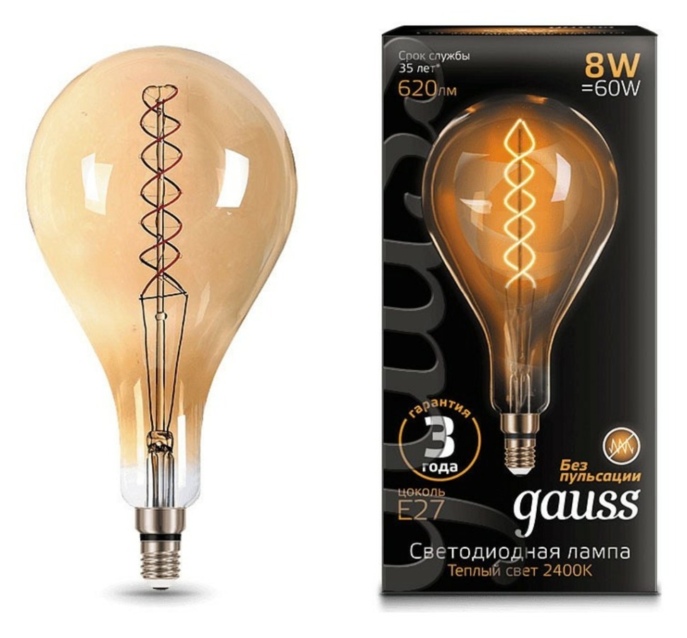 Фото Лампа светодиодная Gauss LED Vintage Filament Flexible E27 8Вт 2400K 150802008 GA_150802008 - интернет-магазин МегаТерем в Москве