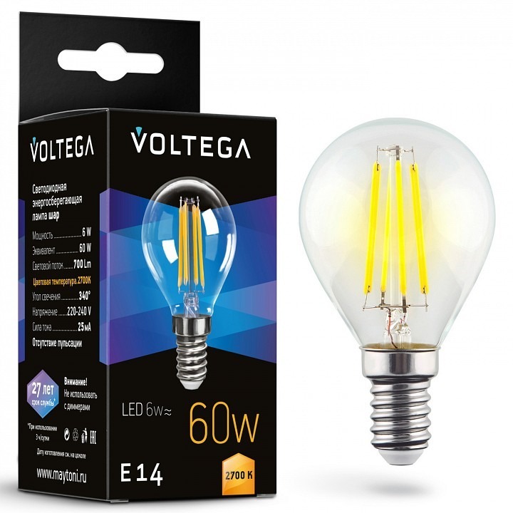 Фото Лампа светодиодная Voltega Globe 6W E14 6Вт 2700K 7212 VLG_7212 - интернет-магазин МегаТерем в Москве
