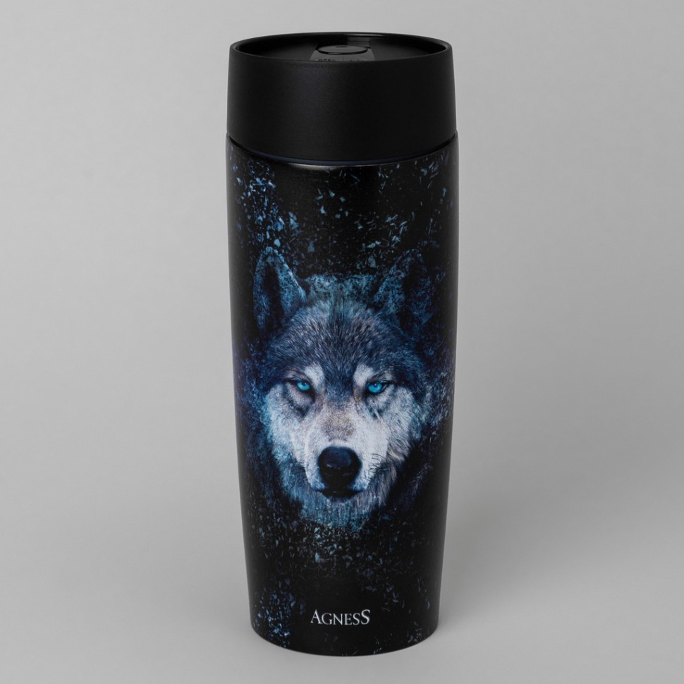 Фото Термокружка agness  волк 360мл, колба нерж.сталь 18/10 (709-111)  - интернет-магазин МегаТерем в Москве