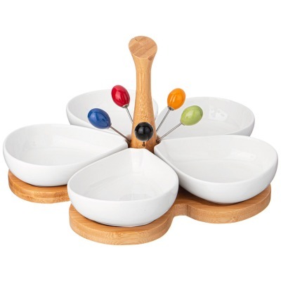 Менажница lefard "native" 5 секций 200 мл на дер. подставке с дер. ручкой, 5 вилочек (474-220) 