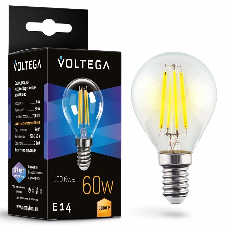 Фото Лампа светодиодная Voltega Globe 6W E14 6Вт 3000K 7213 VLG_7213 - интернет-магазин МегаТерем в Москве