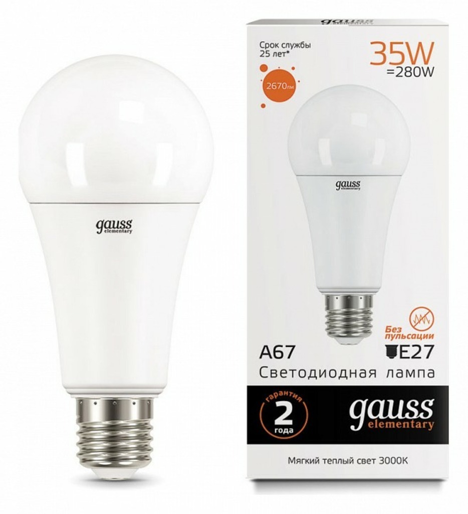 Фото Лампа светодиодная Gauss Led Elementary A67 E27 35Вт 3000K 70215 GA_70215 - интернет-магазин МегаТерем в Москве