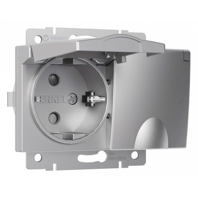 Розетка двойная влагозащищенная с заземлением и со шторками, без рамки с крышкой Werkel серебряные W1172206 WRK_a057285