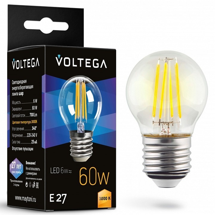 Фото Лампа светодиодная Voltega Globe E27 6W E27 6Вт 3000K 7215 VLG_7215 - интернет-магазин МегаТерем в Москве