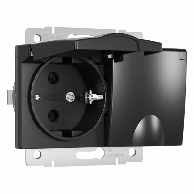 Розетка двойная влагозащищенная с заземлением и со шторками, без рамки с крышкой Werkel черный матовый W1172208 WRK_a057286