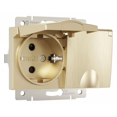 Розетка двойная влагозащищенная с заземлением и со шторками, без рамки с крышкой Werkel шампань рифленый W1172210 WRK_a057287