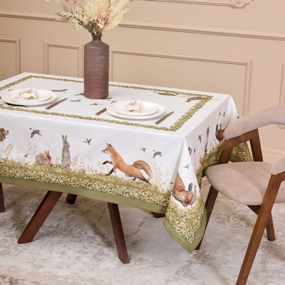 Фото Скатерть охота140х180см , 100% хлопок,  зеленый , твил, пропитка Lefard (850-751-2) - интернет-магазин МегаТерем в Москве