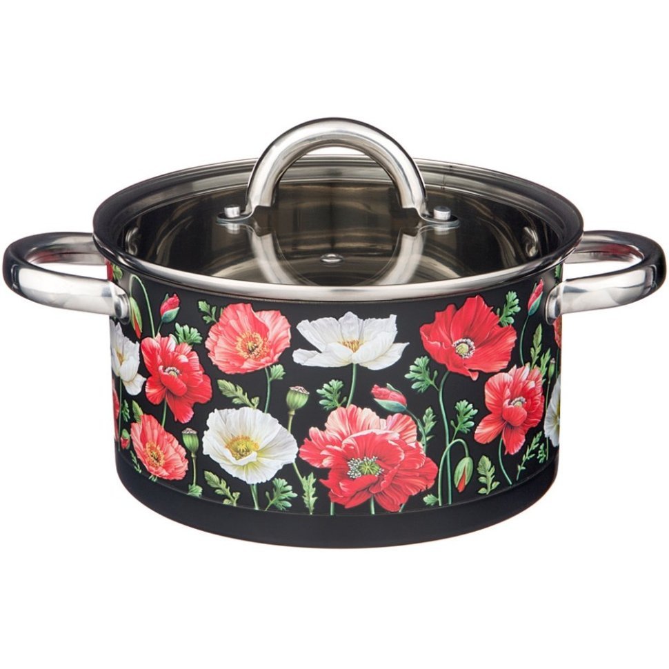 Фото Кастрюля agness маки со стеклянной крышкой, нерж.сталь, 3,1л 20х11 см (916-307)  - интернет-магазин МегаТерем в Москве