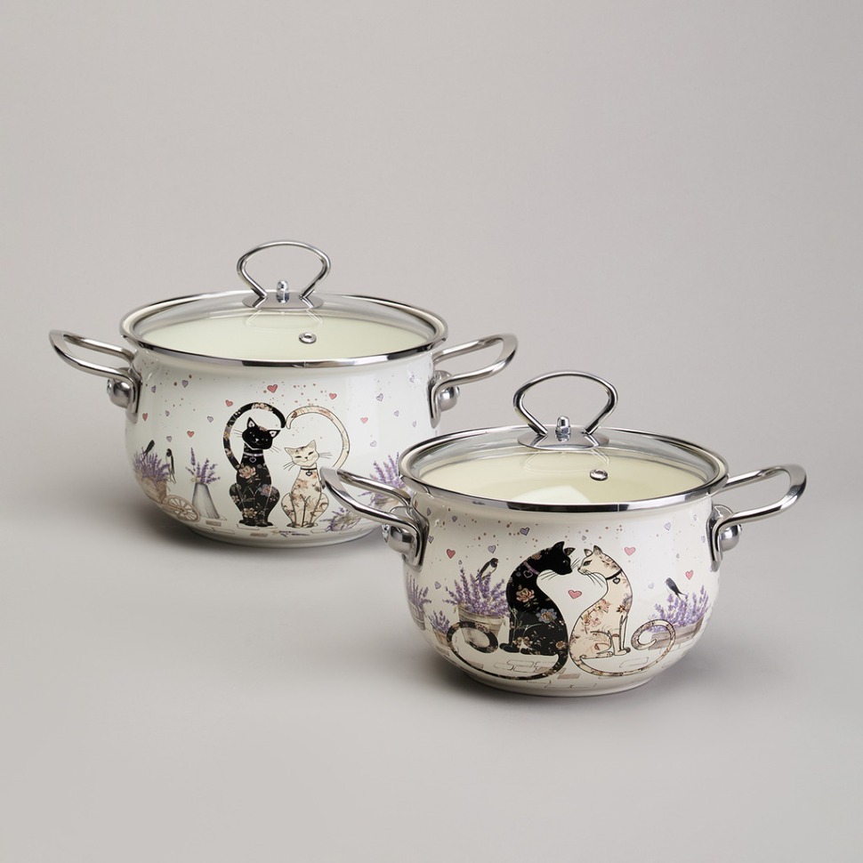 Фото Набор кастрюль эмалированный, серия lavender cats 4пр. 2,0/2,8л диа.18/20см Agness (943-102) - интернет-магазин МегаТерем в Москве