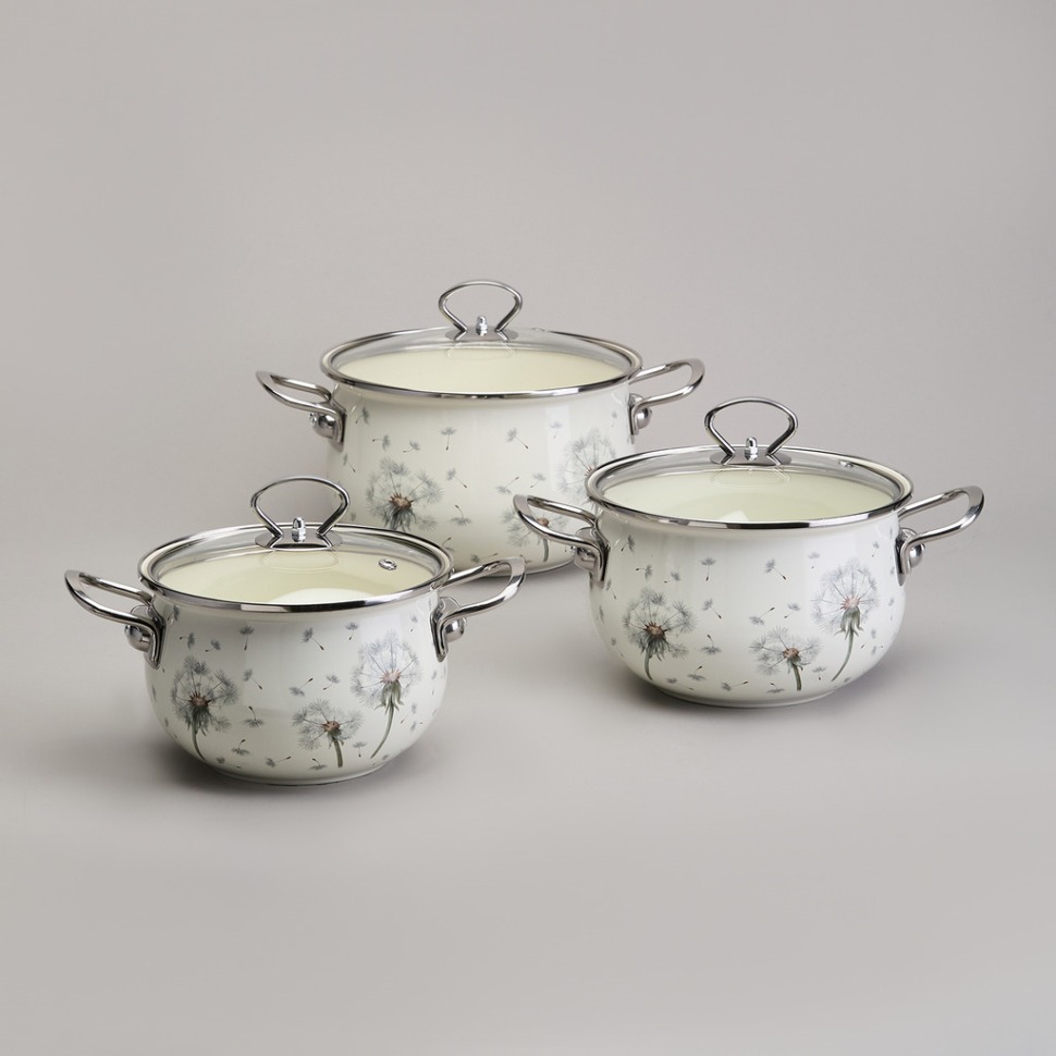 Фото Набор кастрюль эмалированный, серия dandelion 6пр. 2,0/2,8/3,8л диа.18/20/22см Agness (943-105) - интернет-магазин МегаТерем в Москве