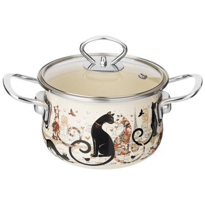 Кастрюля эмалированная agness со стеклянной крышкой серия "парижские коты", 1.5 л, 16*10 см (915-150) 