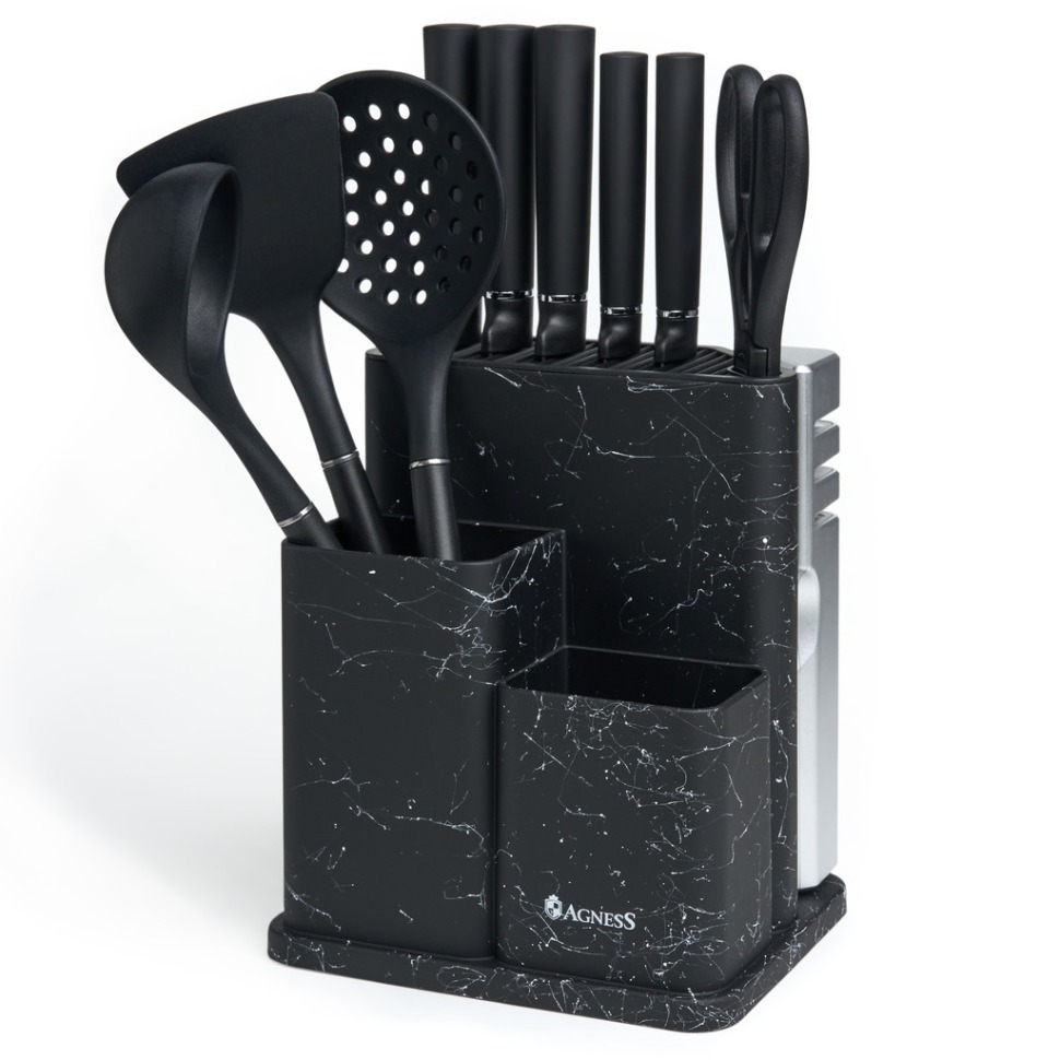 Фото Набор agness из 11пр:5 ножей,половник,лопатка,шумовка,подставка,ножеточка,ножницы,черный мрамор/серы (671-227)  - интернет-магазин МегаТерем в Москве
