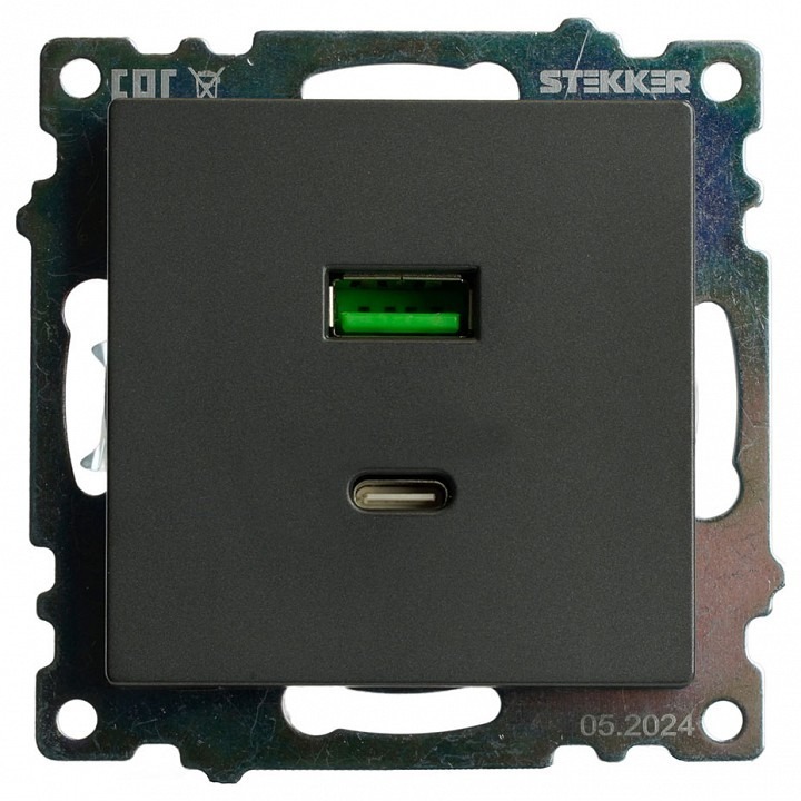 Фото Розетка 2хUSB type A и C без рамки Stekker Катрин 50052 FE_50052 - интернет-магазин МегаТерем в Москве