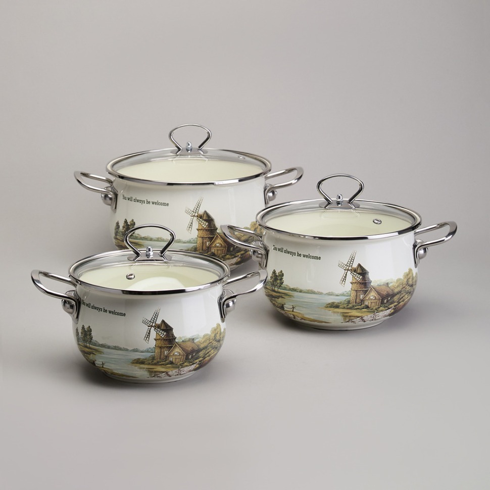 Фото Набор кастрюль эмалированный, серия family house 6пр. 2,0/2,8/3,8л диа.18/20/22см Agness (943-106) - интернет-магазин МегаТерем в Москве