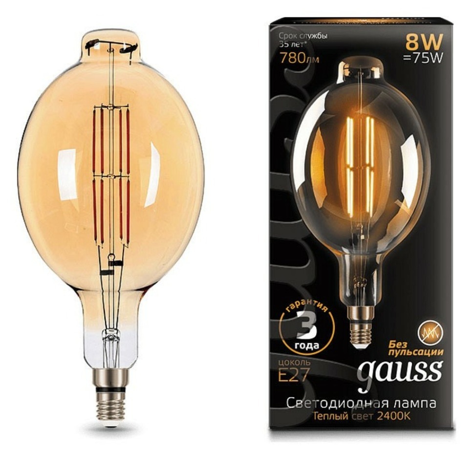 Фото Лампа светодиодная Gauss LED Vintage Filament E27 8Вт 2400K 151802008 GA_151802008 - интернет-магазин МегаТерем в Москве