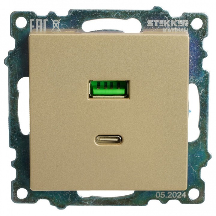 Фото Розетка 2хUSB type A и C без рамки Stekker Катрин 50053 FE_50053 - интернет-магазин МегаТерем в Москве